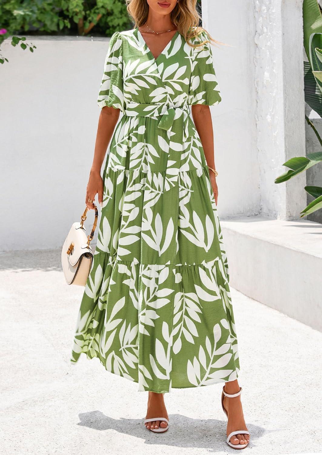 imagePRETTYGARDEN Womens Summer Maxi Dress 2026 Resort Wear Boho Floral V Neck Puff Short Sleeve Ruffle Flowy Beach Long DressesLeaves Light Green