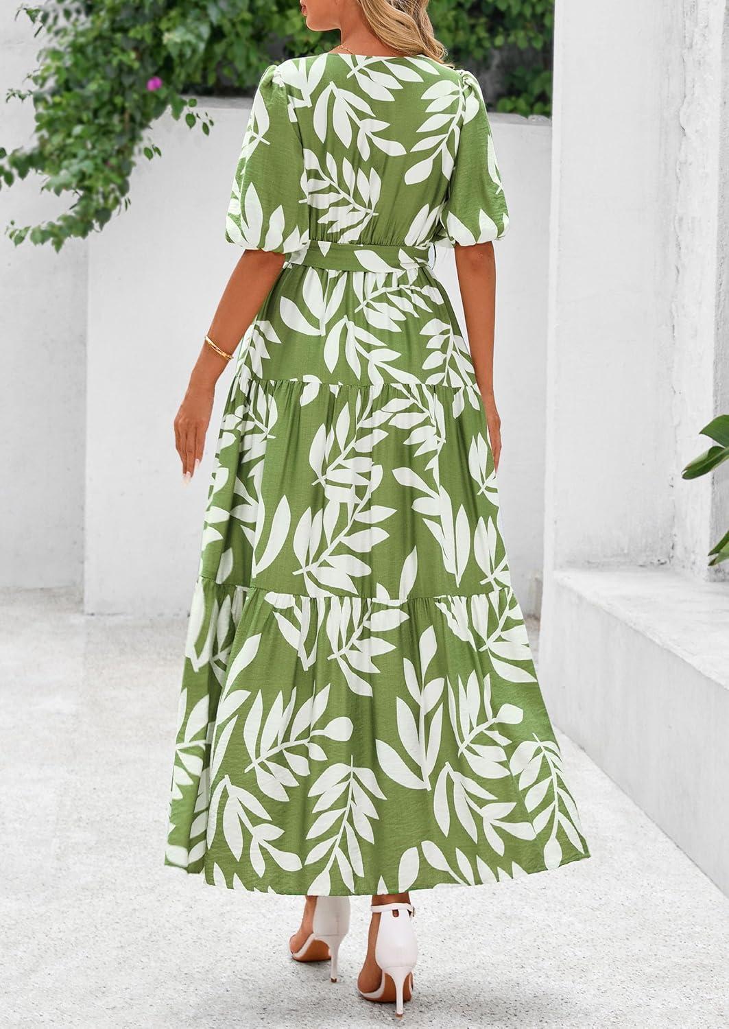imagePRETTYGARDEN Womens Summer Maxi Dress 2026 Resort Wear Boho Floral V Neck Puff Short Sleeve Ruffle Flowy Beach Long DressesLeaves Light Green