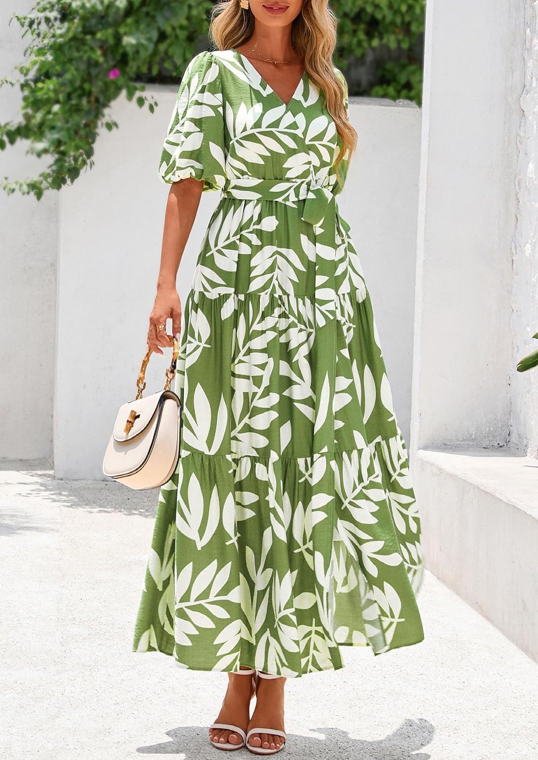 imagePRETTYGARDEN Womens Summer Maxi Dress 2026 Resort Wear Boho Floral V Neck Puff Short Sleeve Ruffle Flowy Beach Long DressesLeaves Light Green