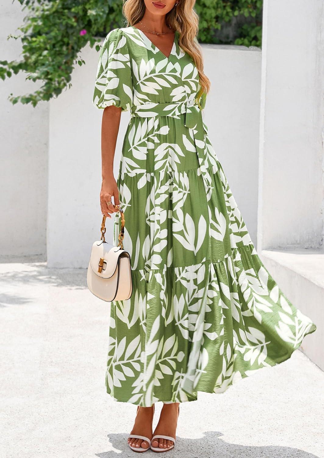 imagePRETTYGARDEN Womens Summer Maxi Dress 2026 Resort Wear Boho Floral V Neck Puff Short Sleeve Ruffle Flowy Beach Long DressesLeaves Light Green