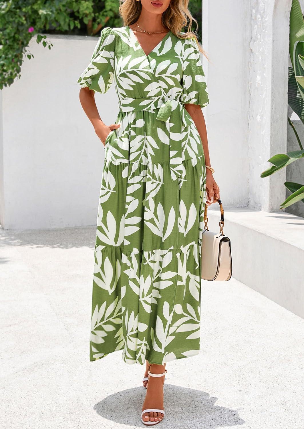 imagePRETTYGARDEN Womens Summer Maxi Dress 2026 Resort Wear Boho Floral V Neck Puff Short Sleeve Ruffle Flowy Beach Long DressesLeaves Light Green