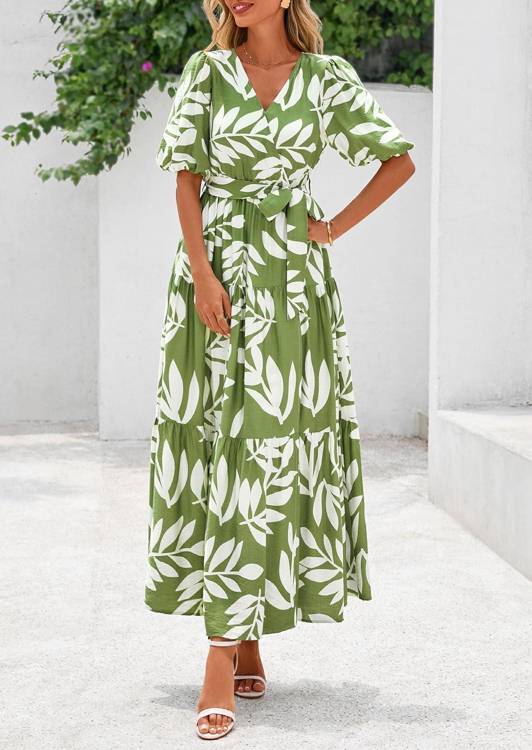 imagePRETTYGARDEN Womens Summer Maxi Dress 2026 Resort Wear Boho Floral V Neck Puff Short Sleeve Ruffle Flowy Beach Long DressesLeaves Light Green