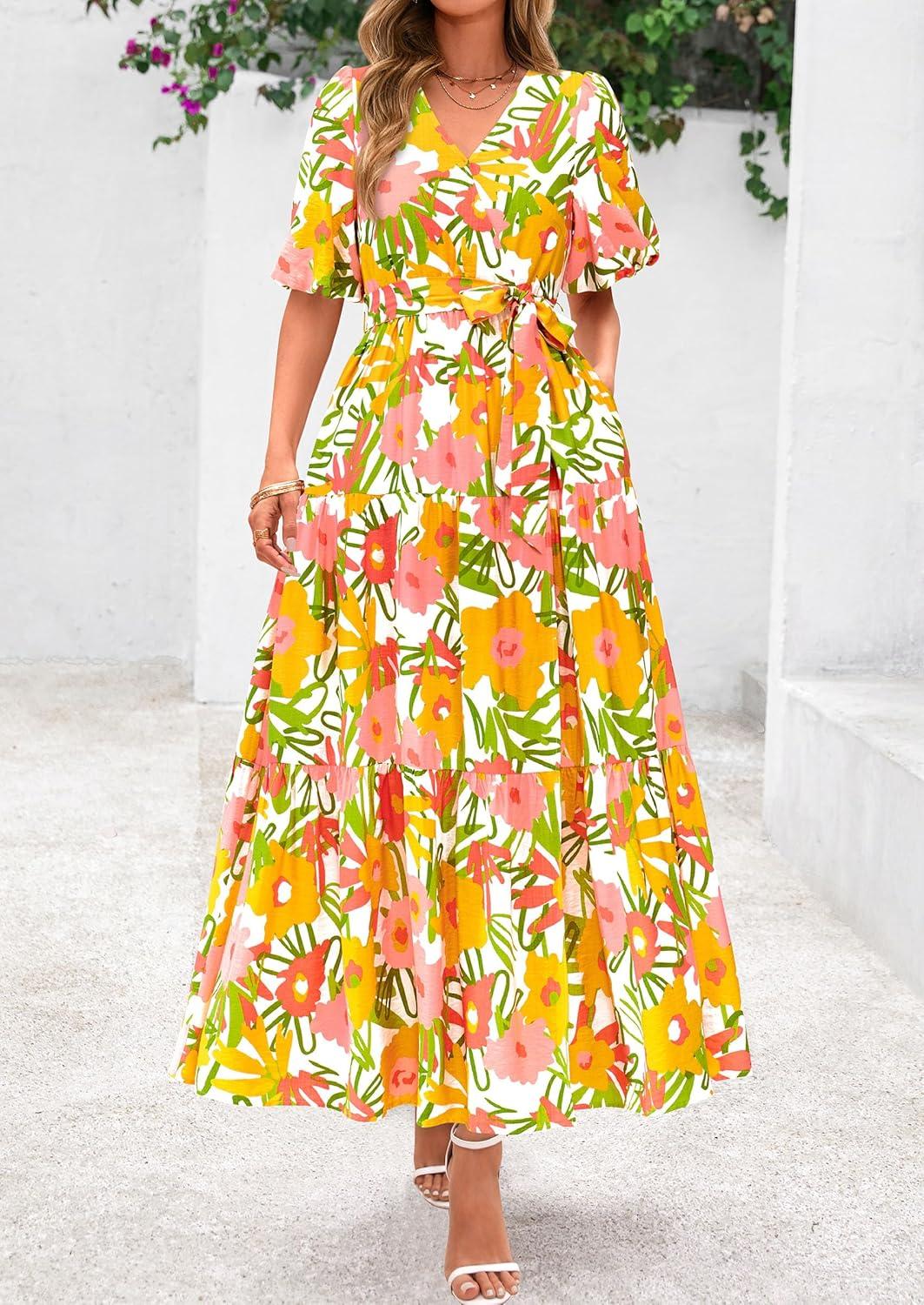 imagePRETTYGARDEN Womens Summer Maxi Dress 2026 Resort Wear Boho Floral V Neck Puff Short Sleeve Ruffle Flowy Beach Long DressesWhite Yellow Flower