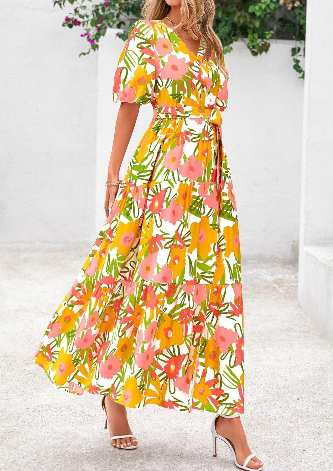 imagePRETTYGARDEN Womens Summer Maxi Dress 2026 Resort Wear Boho Floral V Neck Puff Short Sleeve Ruffle Flowy Beach Long DressesWhite Yellow Flower
