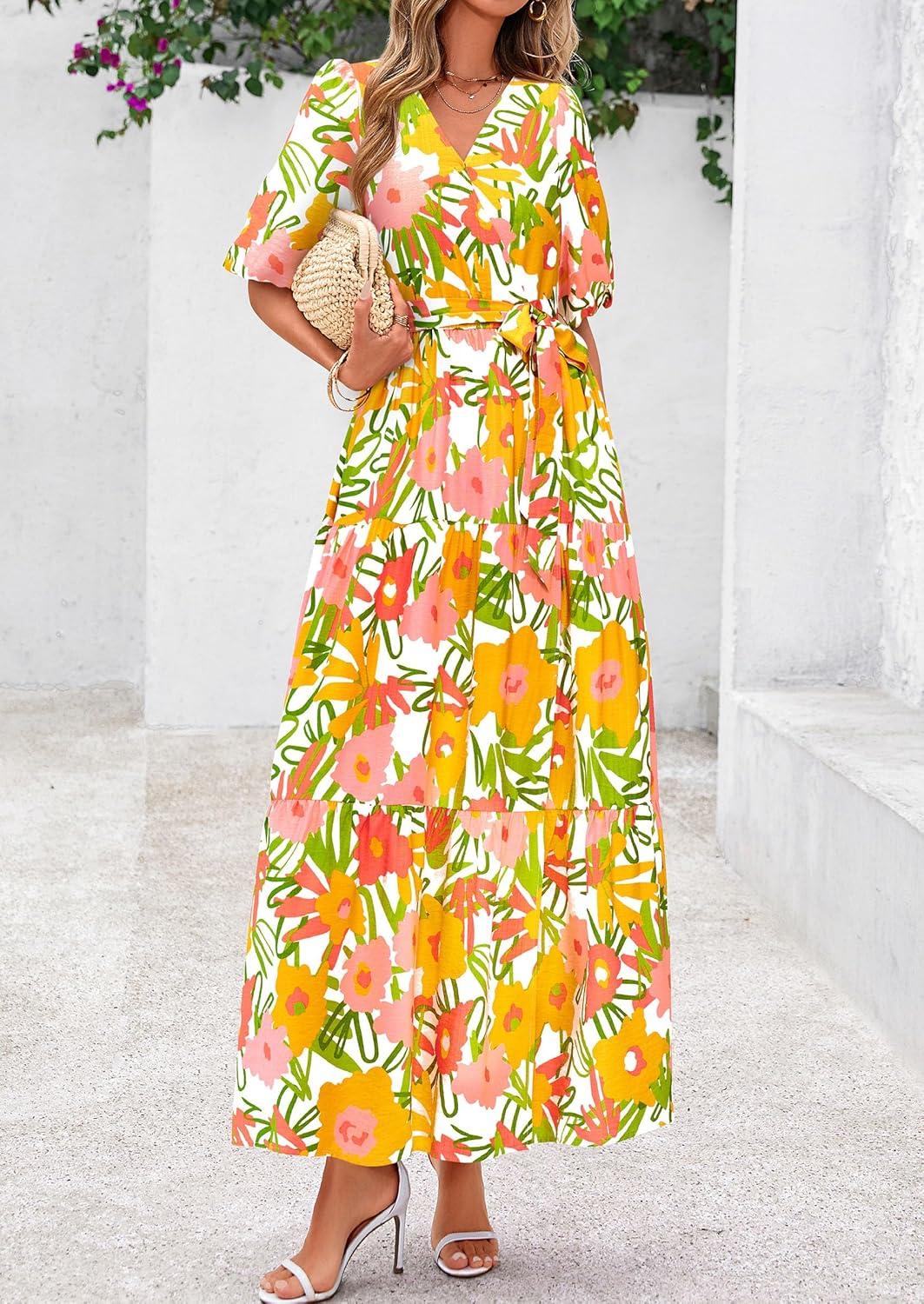 imagePRETTYGARDEN Womens Summer Maxi Dress 2026 Resort Wear Boho Floral V Neck Puff Short Sleeve Ruffle Flowy Beach Long DressesWhite Yellow Flower