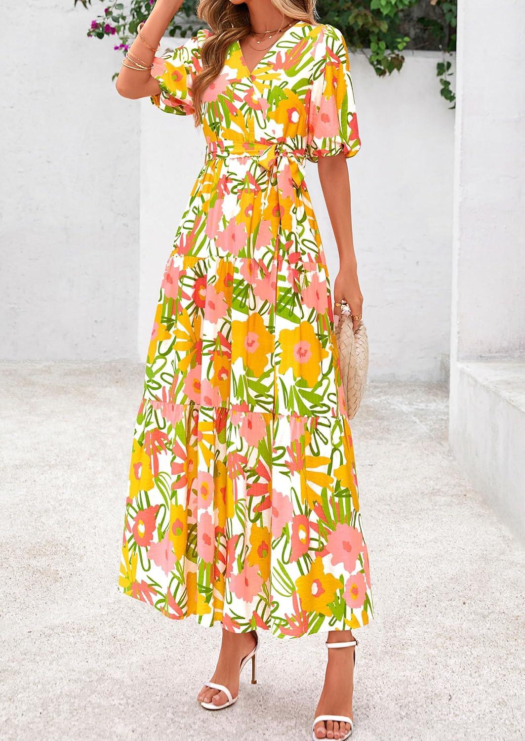 imagePRETTYGARDEN Womens Summer Maxi Dress 2026 Resort Wear Boho Floral V Neck Puff Short Sleeve Ruffle Flowy Beach Long DressesWhite Yellow Flower