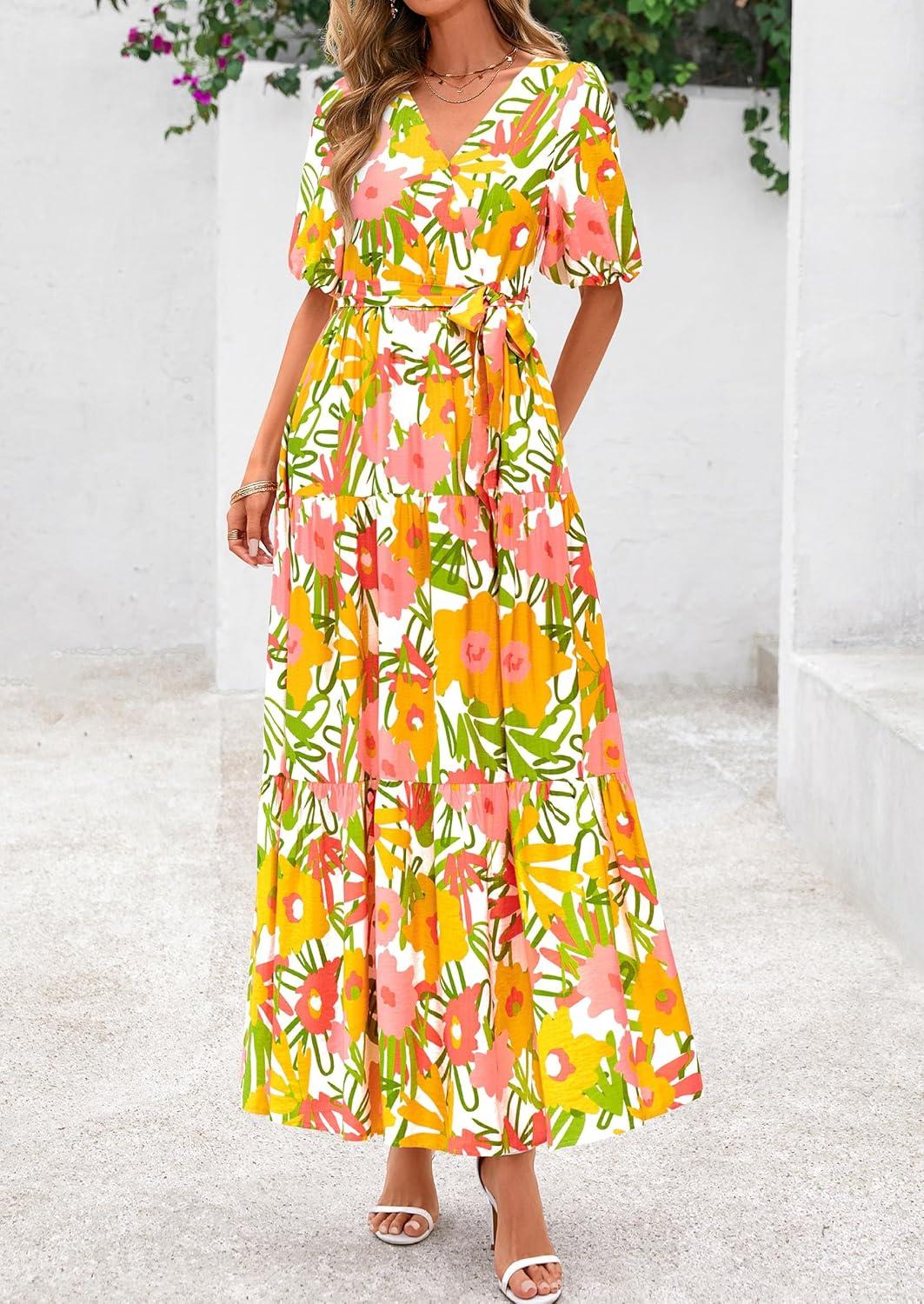 imagePRETTYGARDEN Womens Summer Maxi Dress 2026 Resort Wear Boho Floral V Neck Puff Short Sleeve Ruffle Flowy Beach Long DressesWhite Yellow Flower