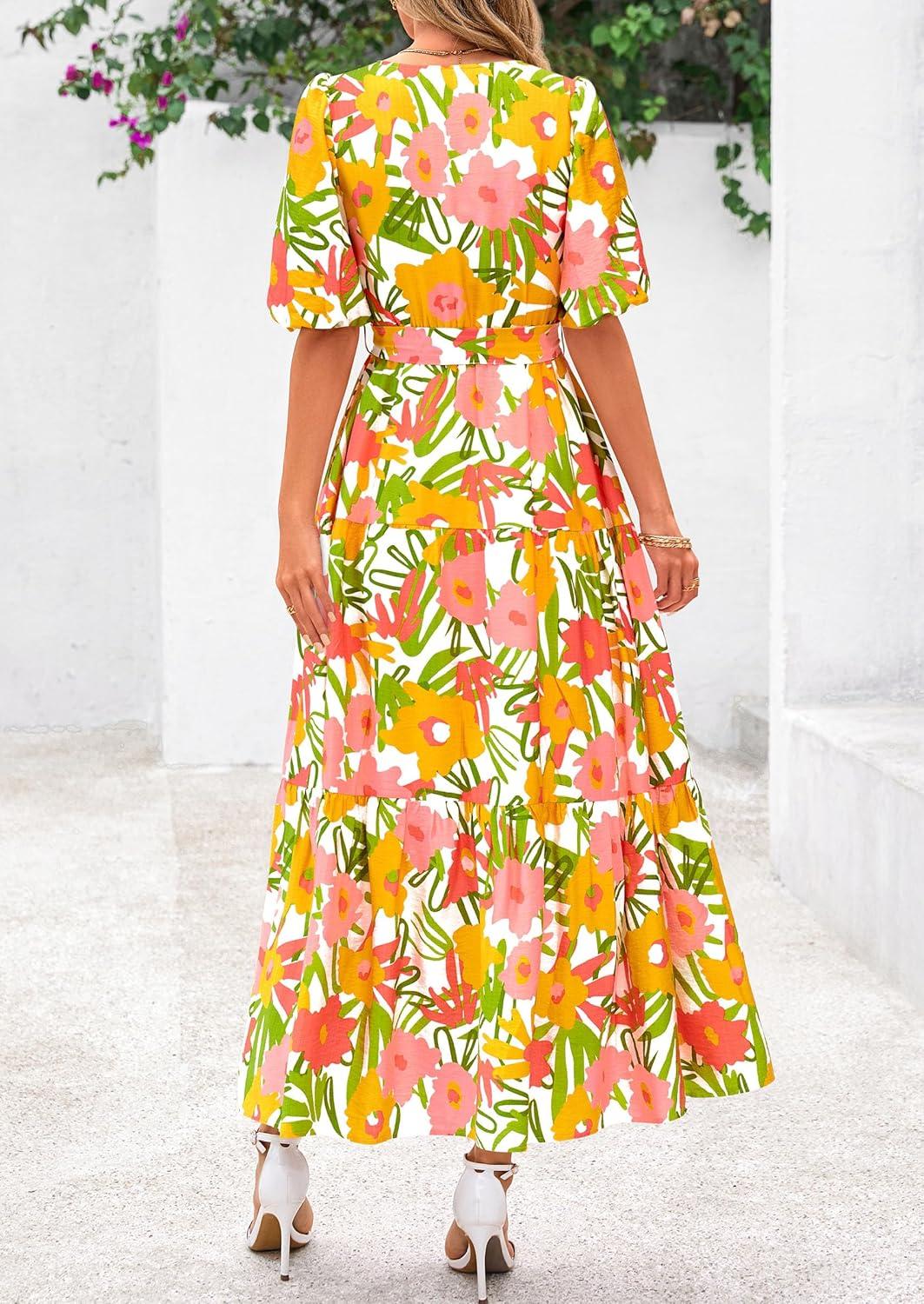 imagePRETTYGARDEN Womens Summer Maxi Dress 2026 Resort Wear Boho Floral V Neck Puff Short Sleeve Ruffle Flowy Beach Long DressesWhite Yellow Flower