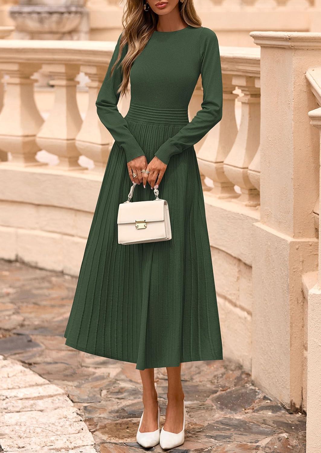 imagePRETTYGARDEN Womens Sweater Dress 2026 Long Sleeve Elegant Knit A Line Fall Wedding Guest Cocktail Midi Winter DressesArmy Green