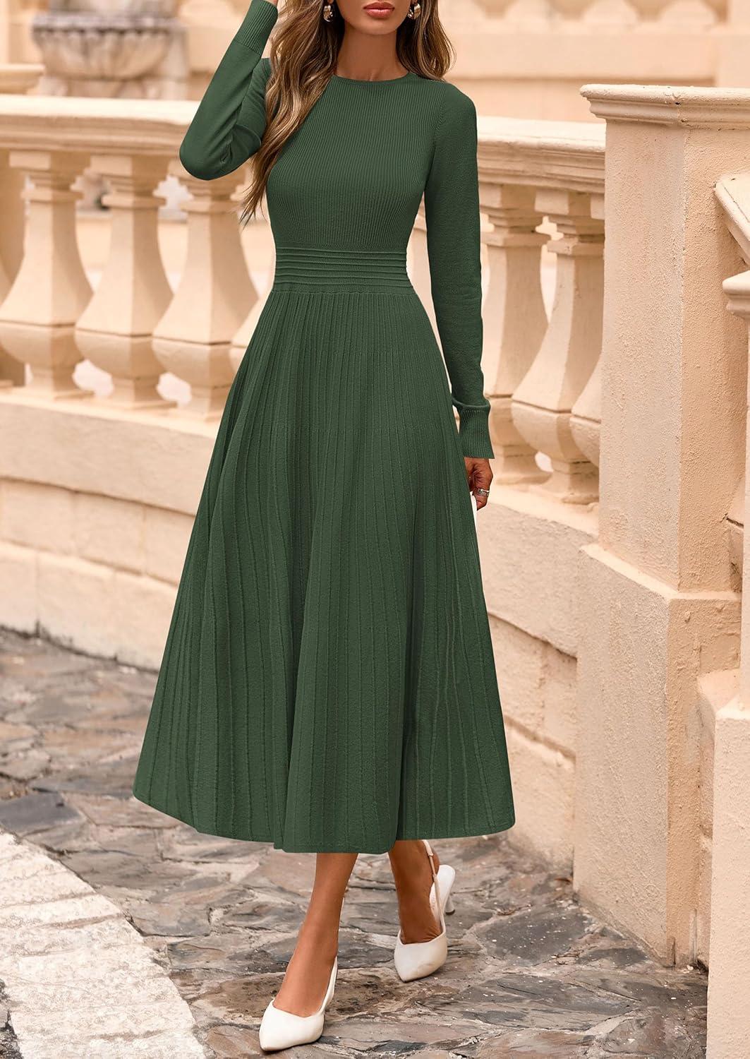imagePRETTYGARDEN Womens Sweater Dress 2026 Long Sleeve Elegant Knit A Line Fall Wedding Guest Cocktail Midi Winter DressesArmy Green