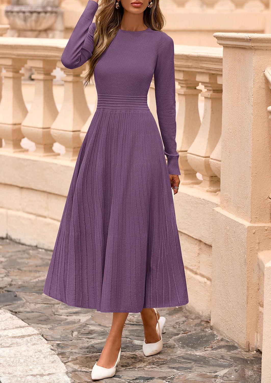 imagePRETTYGARDEN Womens Sweater Dress 2026 Long Sleeve Elegant Knit A Line Fall Wedding Guest Cocktail Midi Winter DressesGrey Purple