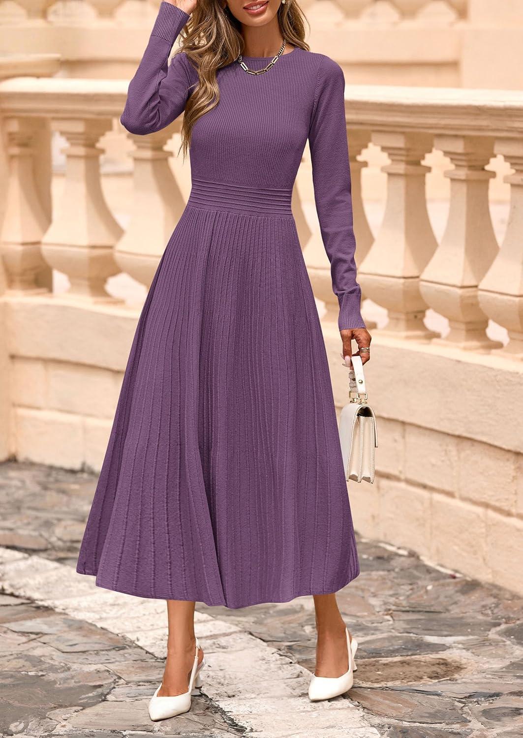 imagePRETTYGARDEN Womens Sweater Dress 2026 Long Sleeve Elegant Knit A Line Fall Wedding Guest Cocktail Midi Winter DressesGrey Purple