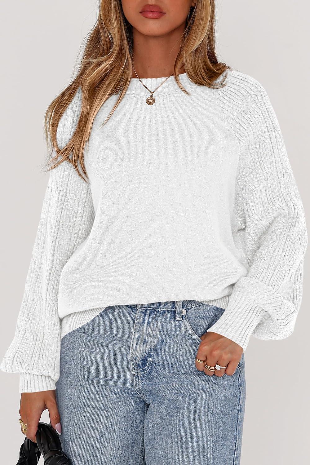 imagePRETTYGARDEN Womens Sweaters Spring Fashion 2026 Crew Neck Cable Knit Casual Loose Chunky Tunic Sweater Winter ClothingWhite