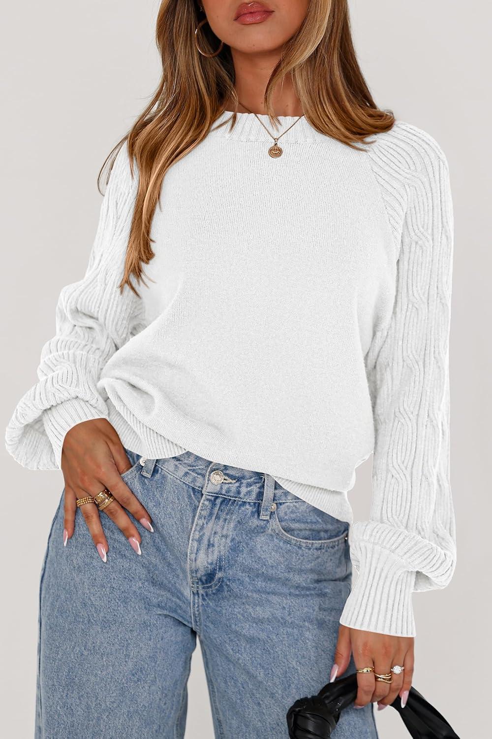 imagePRETTYGARDEN Womens Sweaters Spring Fashion 2026 Crew Neck Cable Knit Casual Loose Chunky Tunic Sweater Winter ClothingWhite