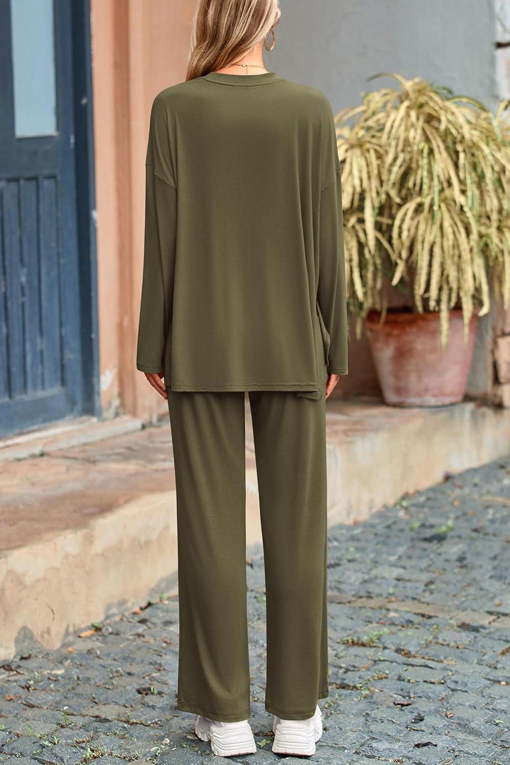 imagePRETTYGARDEN Womens Two Piece Lounge Sets Matching Long Sleeve Shirts Wide Leg Pants Tracksuits Travel Outfits Fall ClothesArmy Green