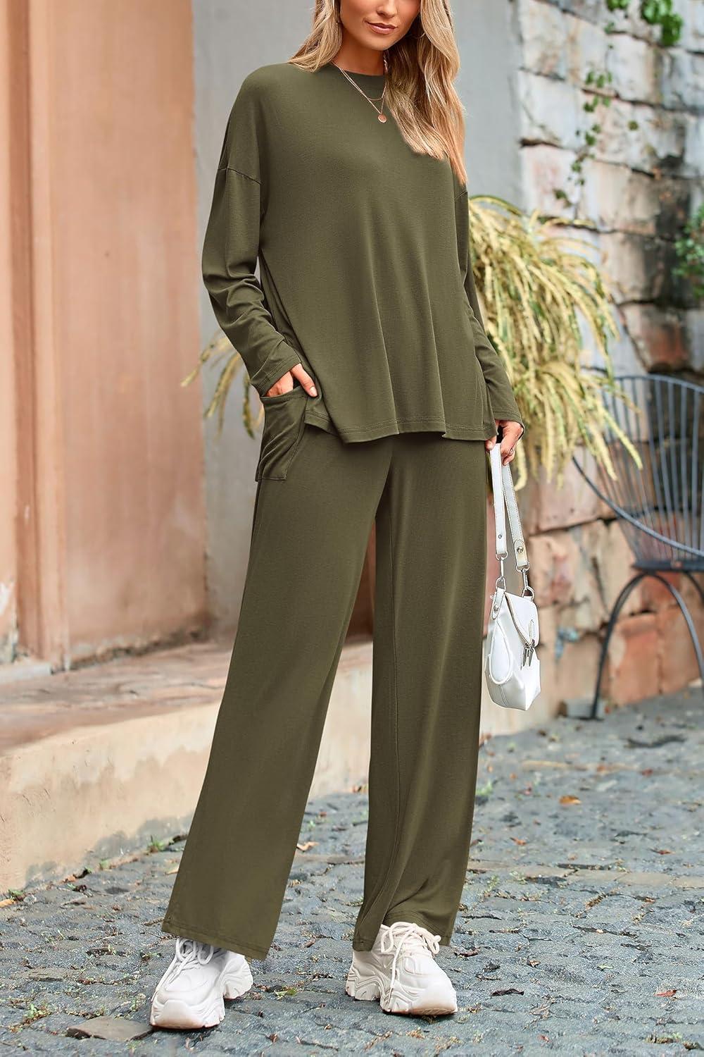 imagePRETTYGARDEN Womens Two Piece Lounge Sets Matching Long Sleeve Shirts Wide Leg Pants Tracksuits Travel Outfits Fall ClothesArmy Green