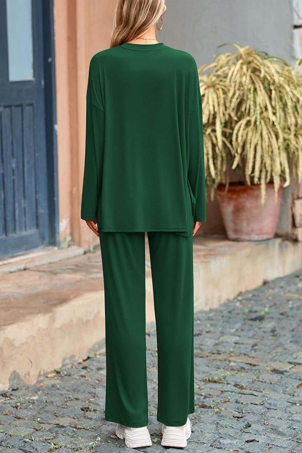 imagePRETTYGARDEN Womens Two Piece Lounge Sets Matching Long Sleeve Shirts Wide Leg Pants Tracksuits Travel Outfits Fall ClothesDark Green