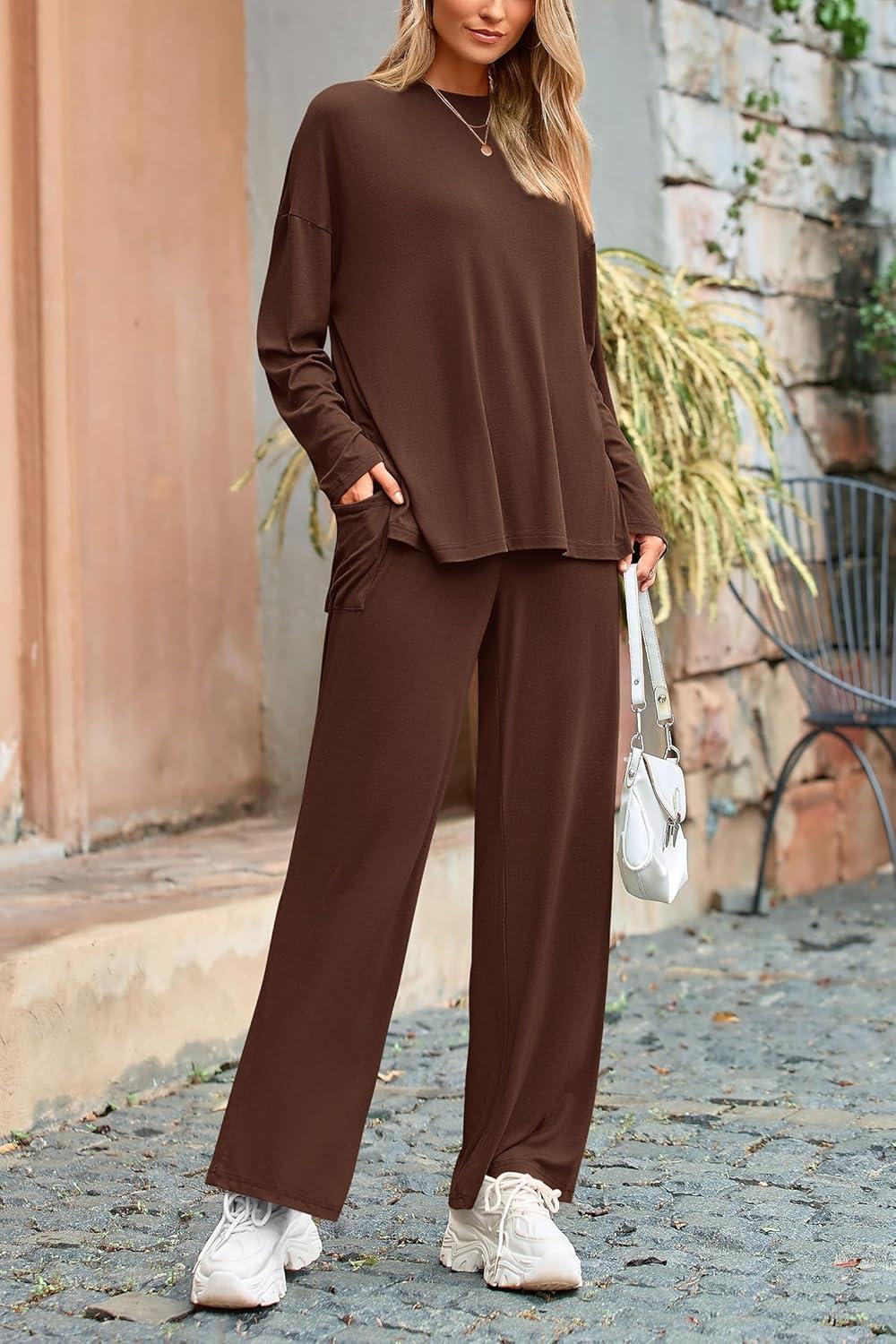 imagePRETTYGARDEN Womens Two Piece Lounge Sets Matching Long Sleeve Shirts Wide Leg Pants Tracksuits Travel Outfits Fall ClothesLight Coffee