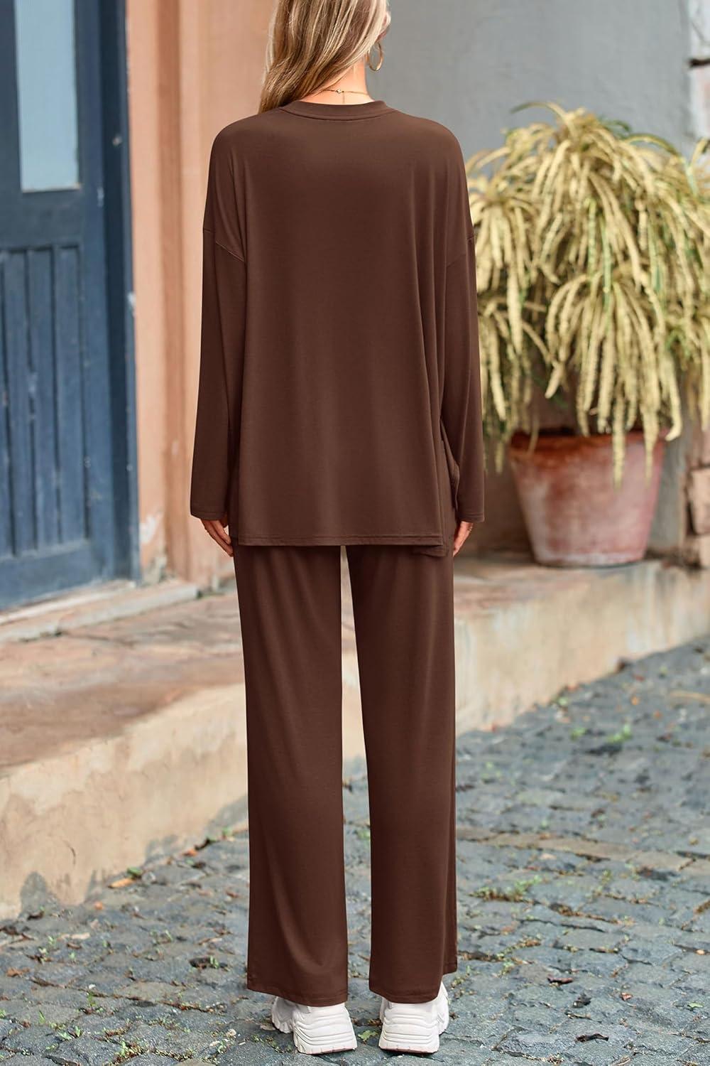 imagePRETTYGARDEN Womens Two Piece Lounge Sets Matching Long Sleeve Shirts Wide Leg Pants Tracksuits Travel Outfits Fall ClothesLight Coffee