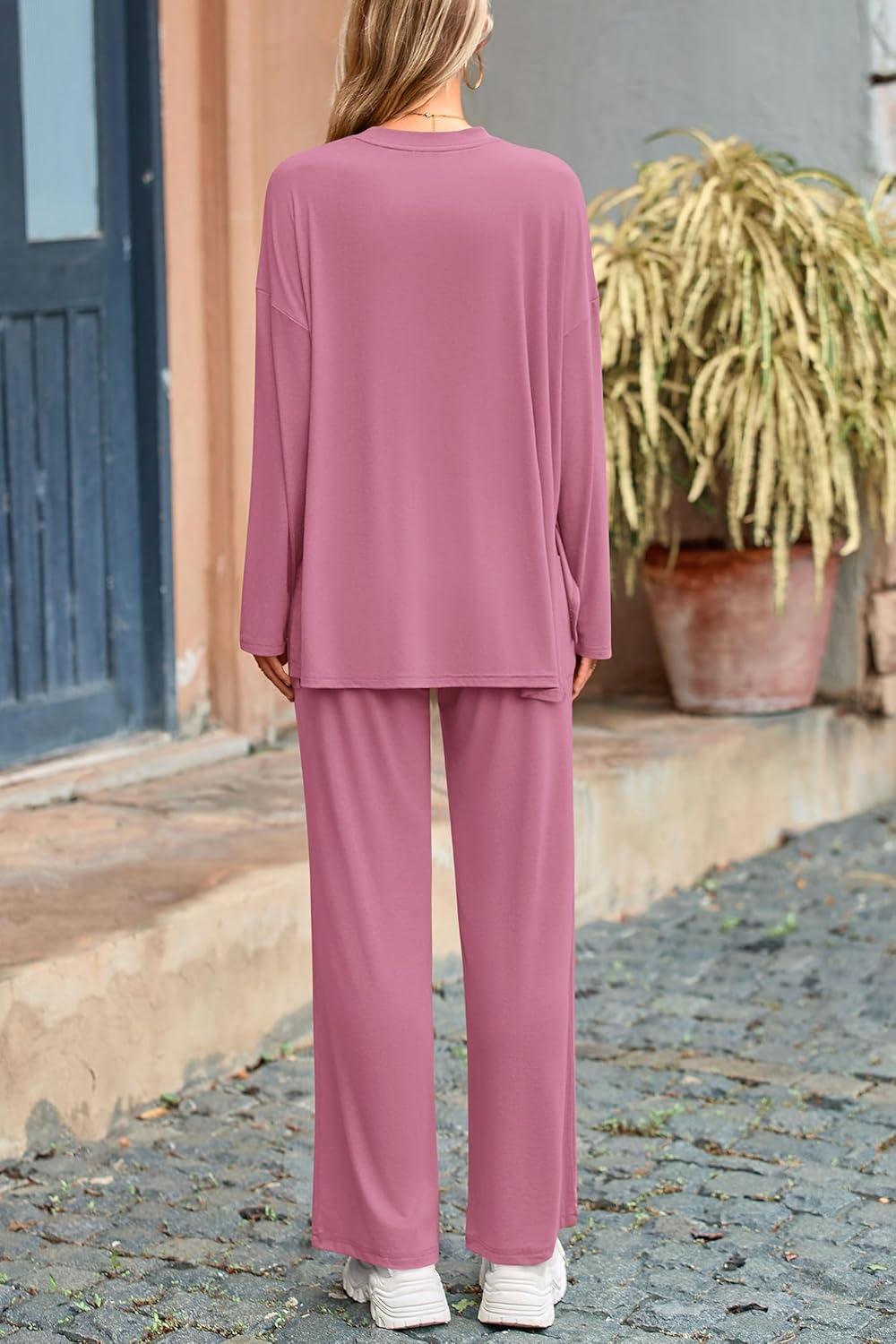 imagePRETTYGARDEN Womens Two Piece Lounge Sets Matching Long Sleeve Shirts Wide Leg Pants Tracksuits Travel Outfits Fall ClothesPink