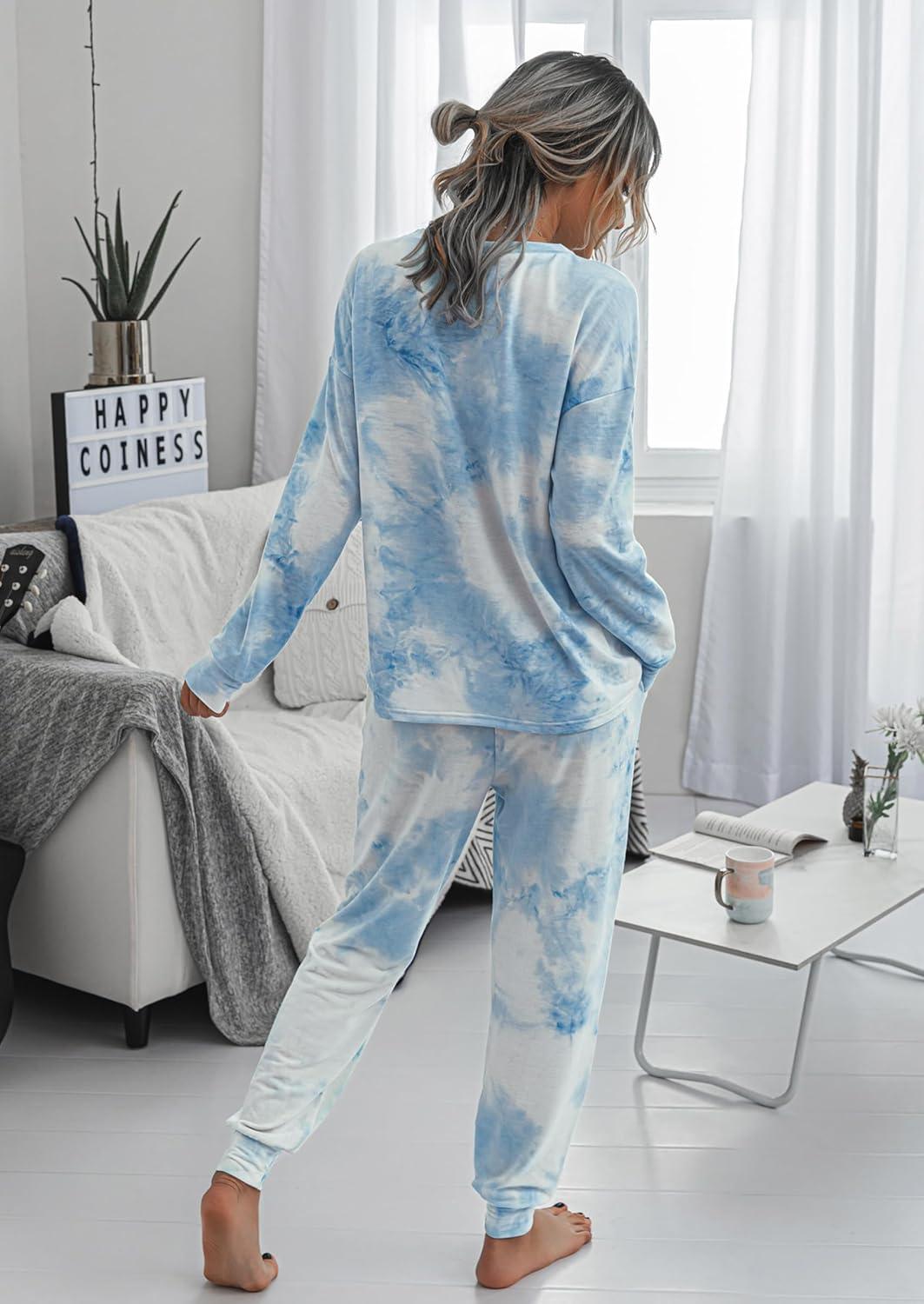 imagePRETTYGARDEN Womens Two Piece Loungewear Fall Casual Long Sleeve Tops Jogger Pants Pajama Sets Matching Outfits ClothingBlue
