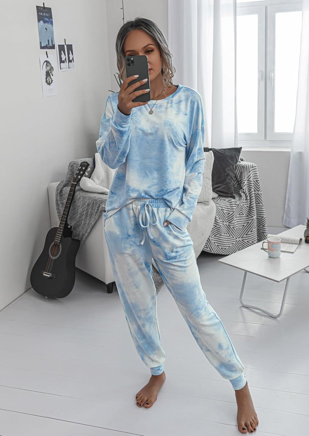 imagePRETTYGARDEN Womens Two Piece Loungewear Fall Casual Long Sleeve Tops Jogger Pants Pajama Sets Matching Outfits ClothingBlue