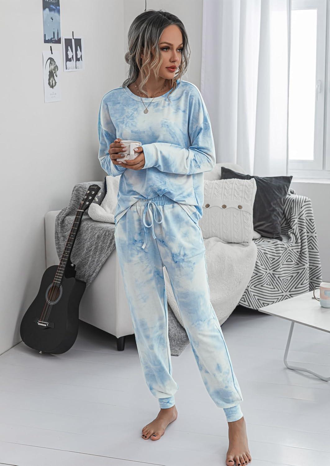 imagePRETTYGARDEN Womens Two Piece Loungewear Fall Casual Long Sleeve Tops Jogger Pants Pajama Sets Matching Outfits ClothingBlue