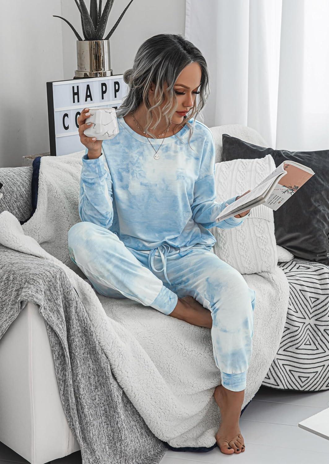 imagePRETTYGARDEN Womens Two Piece Loungewear Fall Casual Long Sleeve Tops Jogger Pants Pajama Sets Matching Outfits ClothingBlue
