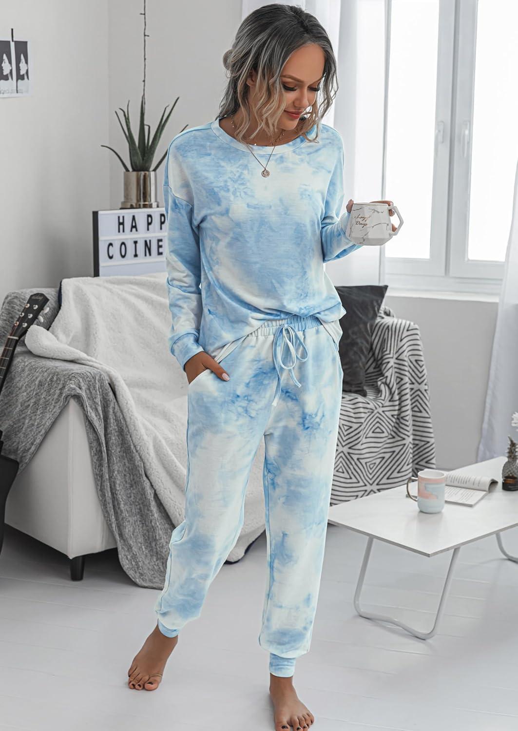 imagePRETTYGARDEN Womens Two Piece Loungewear Fall Casual Long Sleeve Tops Jogger Pants Pajama Sets Matching Outfits ClothingBlue
