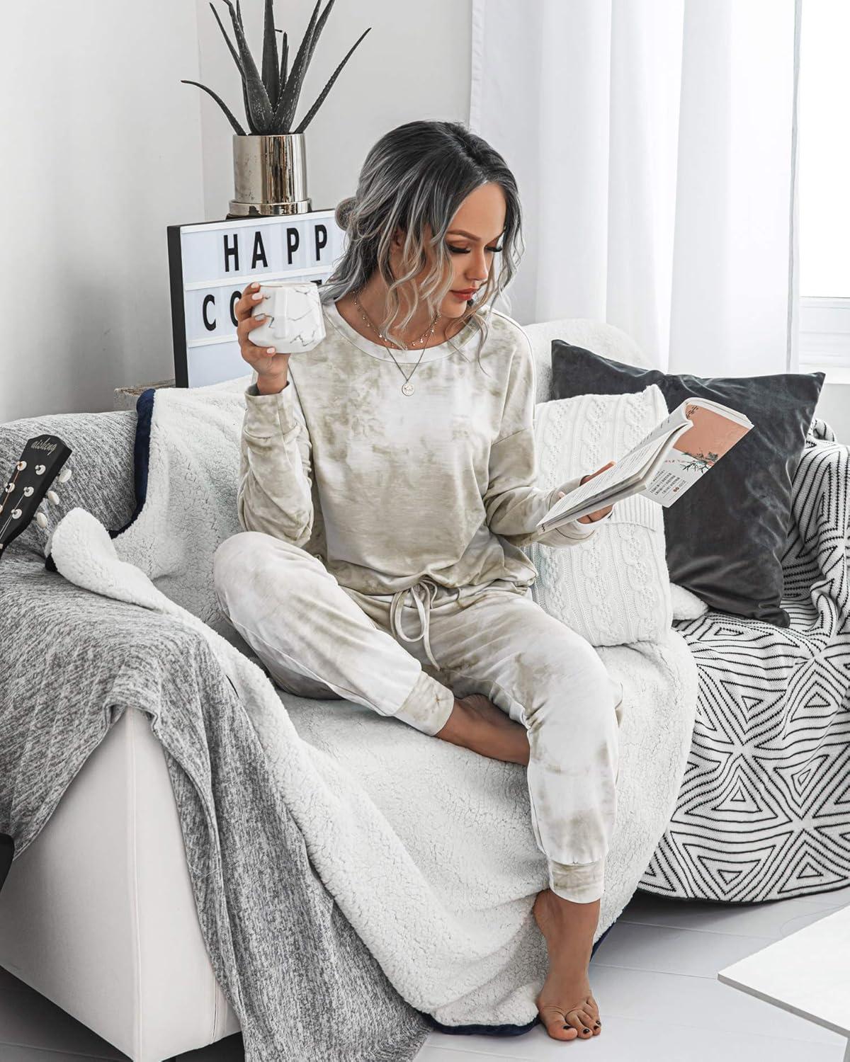 imagePRETTYGARDEN Womens Two Piece Loungewear Fall Casual Long Sleeve Tops Jogger Pants Pajama Sets Matching Outfits ClothingKhaki