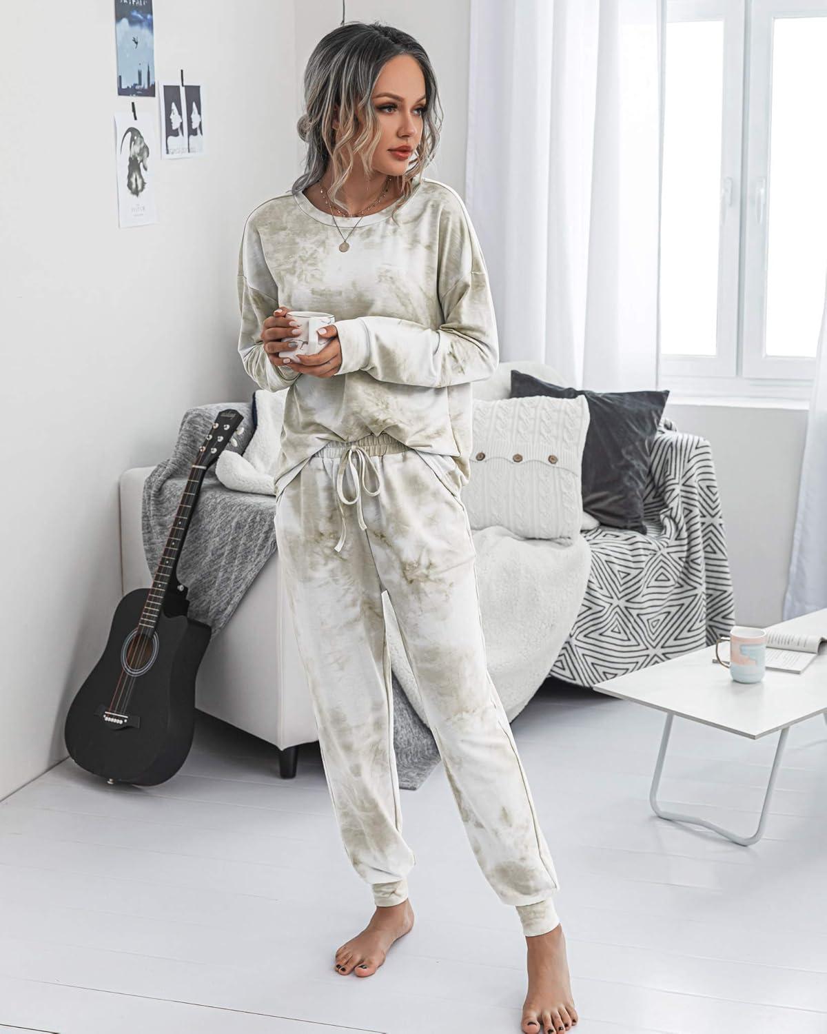 imagePRETTYGARDEN Womens Two Piece Loungewear Fall Casual Long Sleeve Tops Jogger Pants Pajama Sets Matching Outfits ClothingKhaki