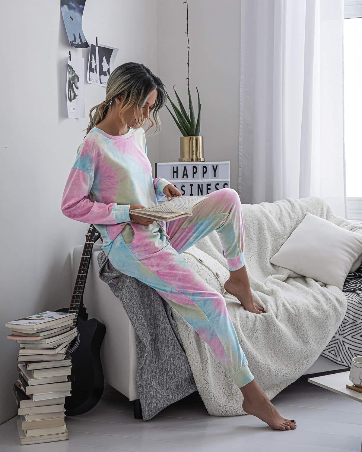 imagePRETTYGARDEN Womens Two Piece Loungewear Fall Casual Long Sleeve Tops Jogger Pants Pajama Sets Matching Outfits ClothingMulticolor