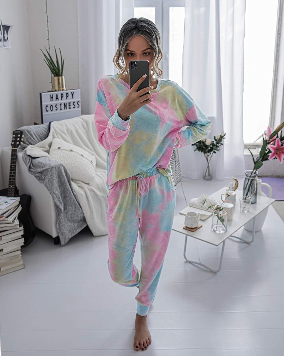 imagePRETTYGARDEN Womens Two Piece Loungewear Fall Casual Long Sleeve Tops Jogger Pants Pajama Sets Matching Outfits ClothingMulticolor