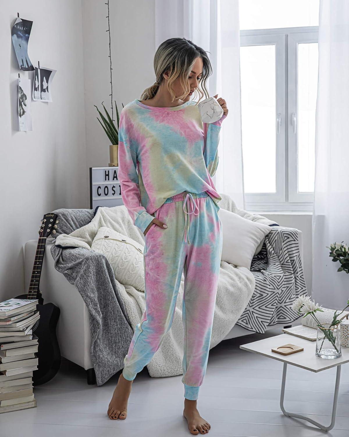 imagePRETTYGARDEN Womens Two Piece Loungewear Fall Casual Long Sleeve Tops Jogger Pants Pajama Sets Matching Outfits ClothingMulticolor