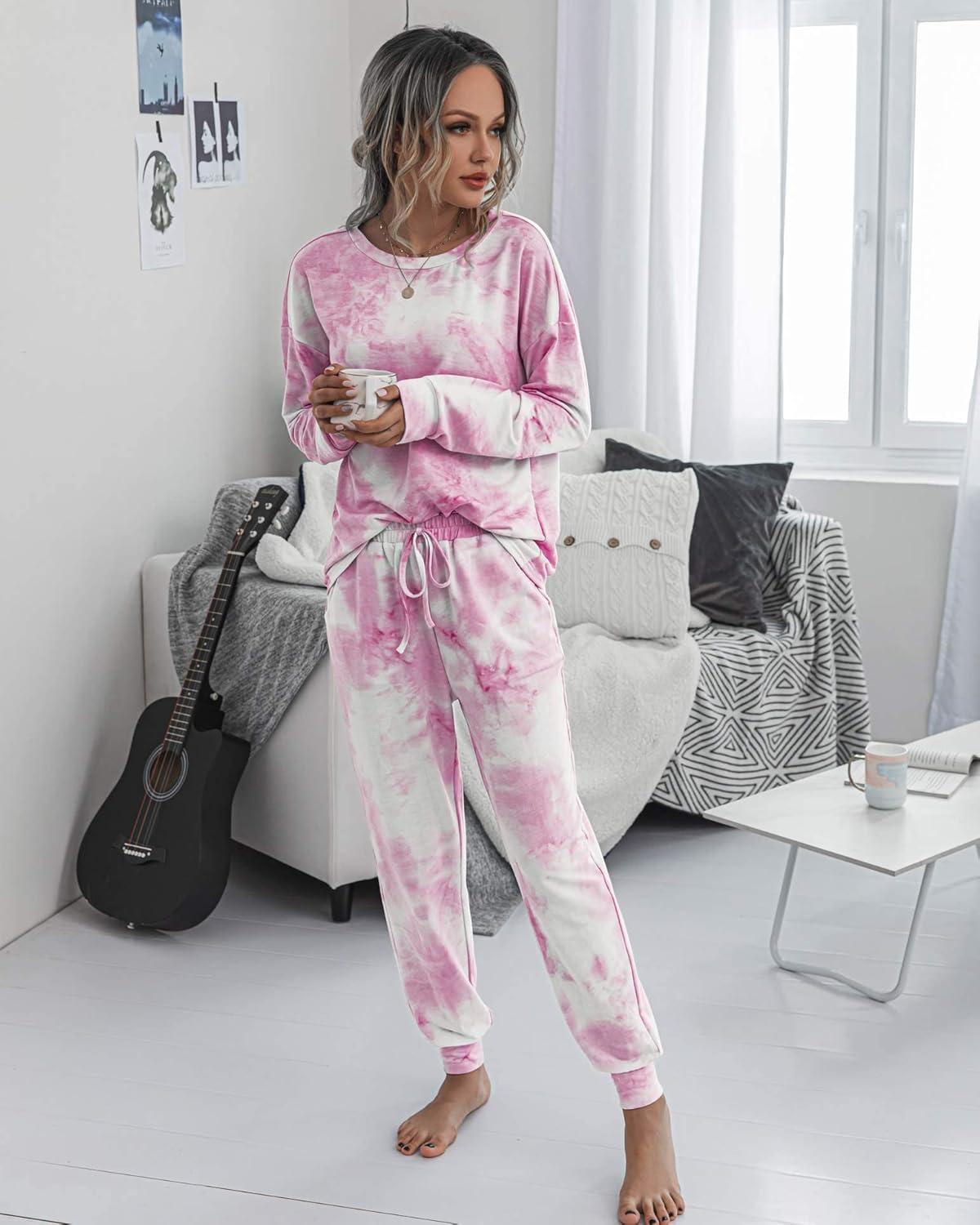imagePRETTYGARDEN Womens Two Piece Loungewear Fall Casual Long Sleeve Tops Jogger Pants Pajama Sets Matching Outfits ClothingPink