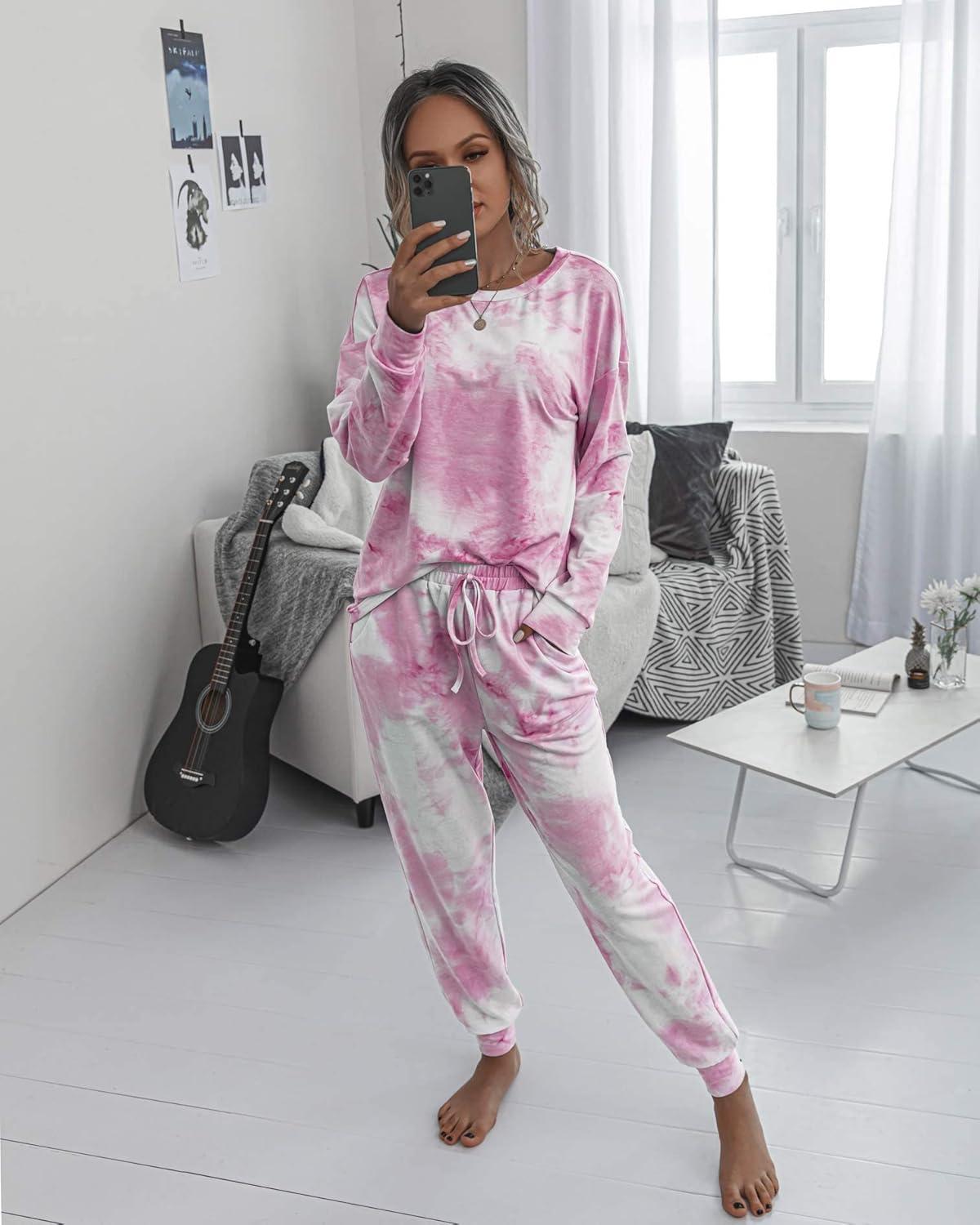 imagePRETTYGARDEN Womens Two Piece Loungewear Fall Casual Long Sleeve Tops Jogger Pants Pajama Sets Matching Outfits ClothingPink