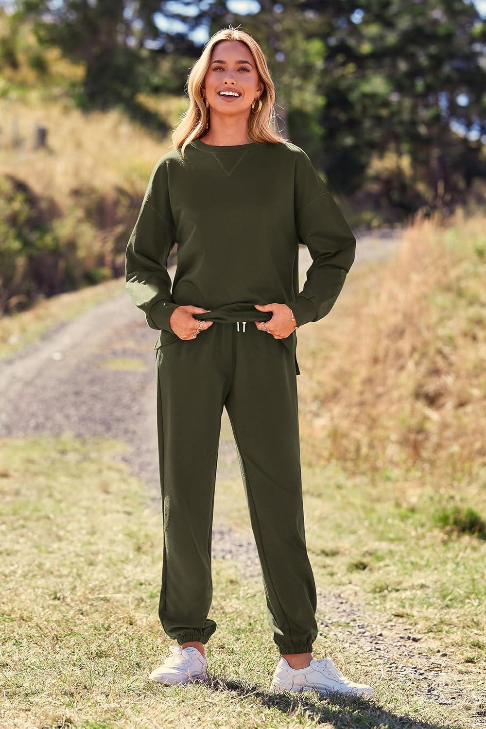 imagePRETTYGARDEN Womens Two Piece Loungewear Fall Casual Long Sleeve Tops Jogger Pants Pajama Sets Matching Outfits ClothingSolid Army Green