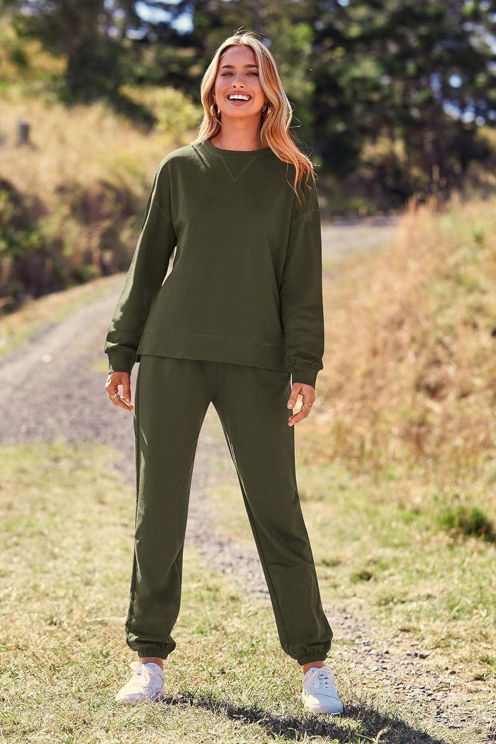 imagePRETTYGARDEN Womens Two Piece Loungewear Fall Casual Long Sleeve Tops Jogger Pants Pajama Sets Matching Outfits ClothingSolid Army Green