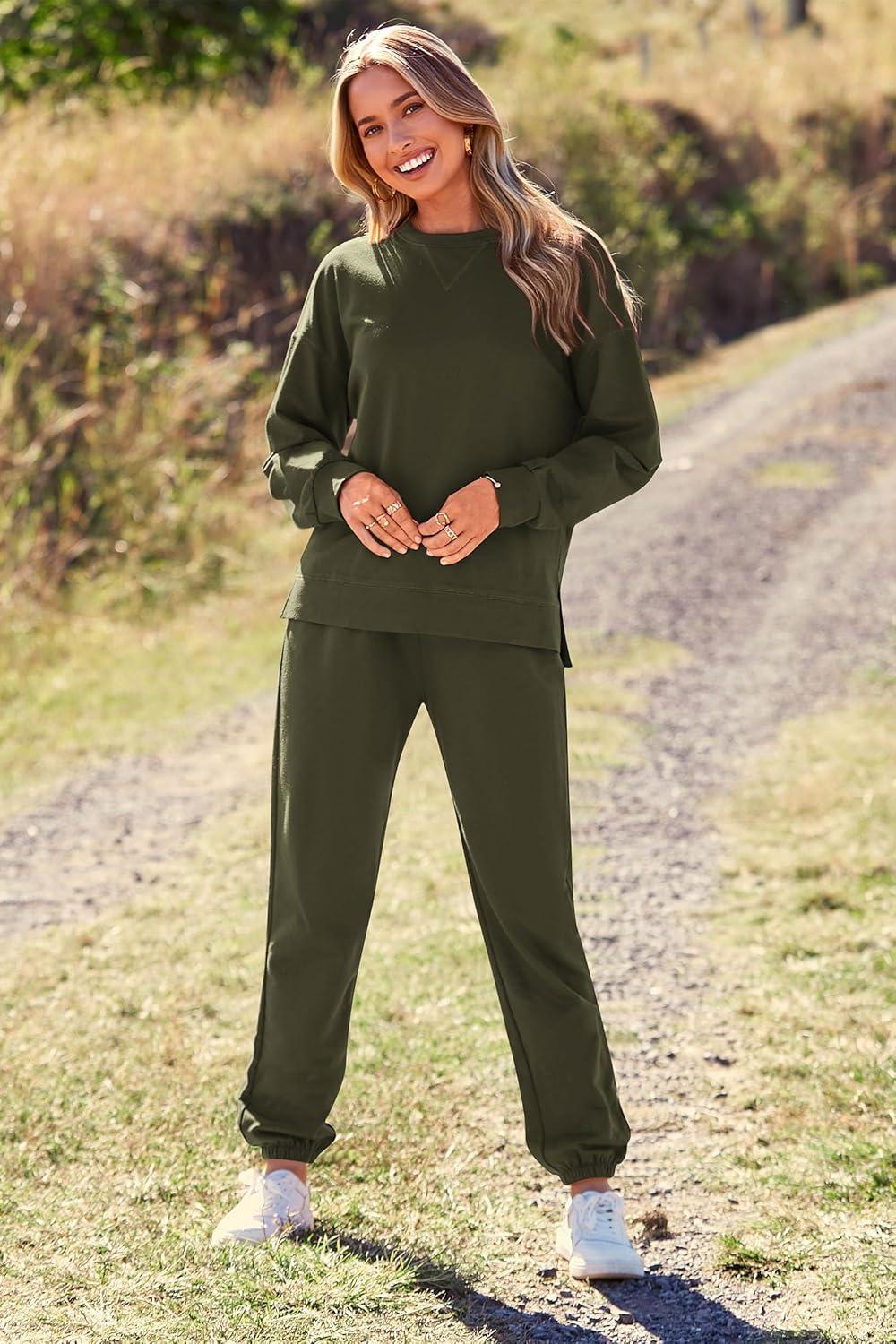 imagePRETTYGARDEN Womens Two Piece Loungewear Fall Casual Long Sleeve Tops Jogger Pants Pajama Sets Matching Outfits ClothingSolid Army Green