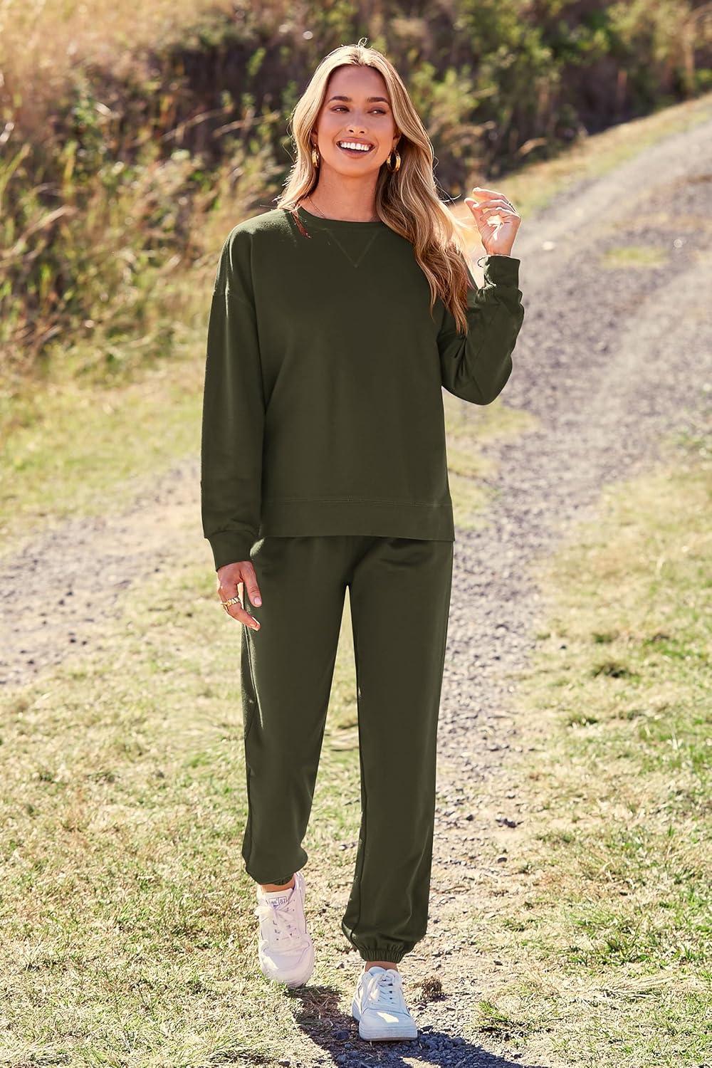 imagePRETTYGARDEN Womens Two Piece Loungewear Fall Casual Long Sleeve Tops Jogger Pants Pajama Sets Matching Outfits ClothingSolid Army Green