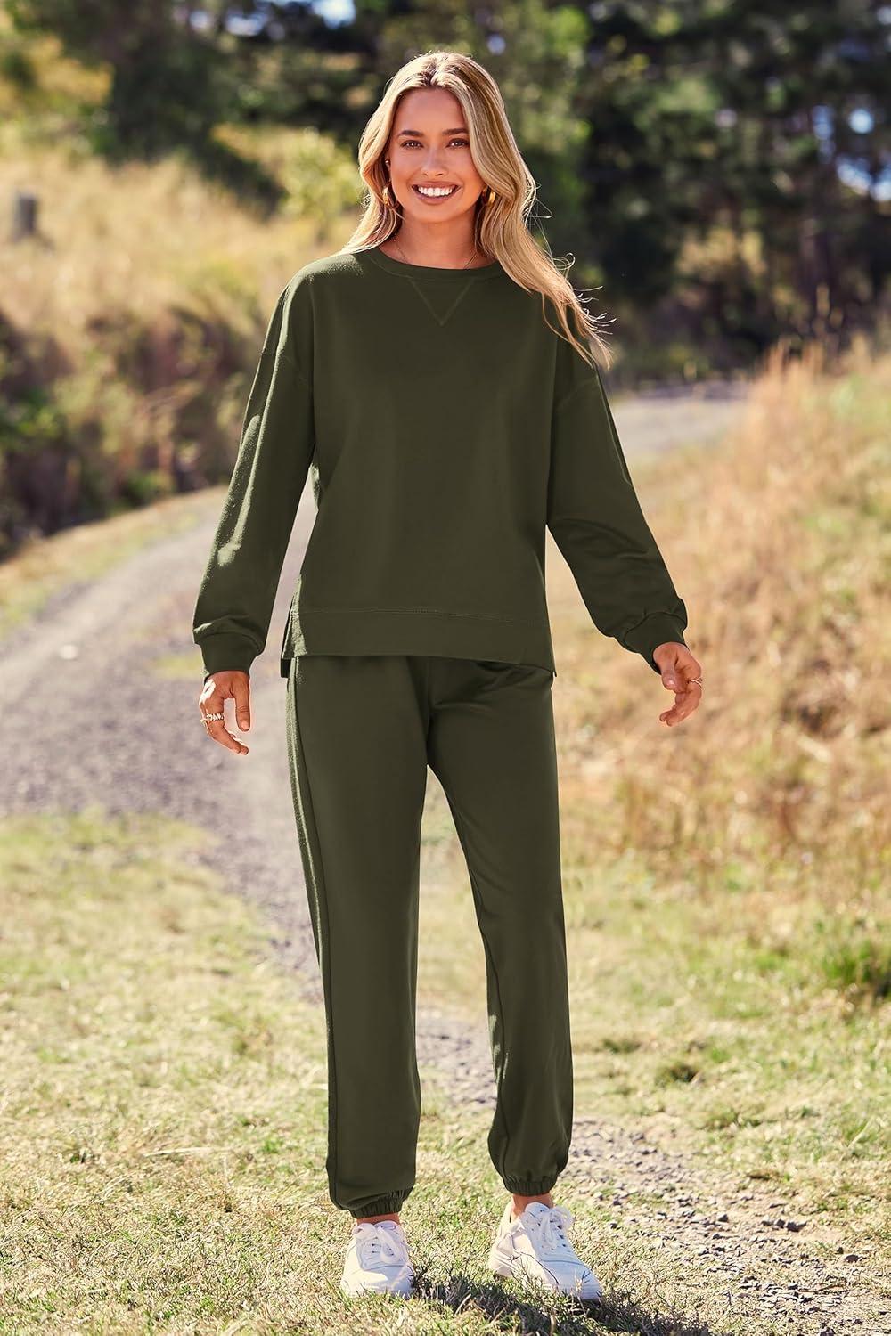 imagePRETTYGARDEN Womens Two Piece Loungewear Fall Casual Long Sleeve Tops Jogger Pants Pajama Sets Matching Outfits ClothingSolid Army Green