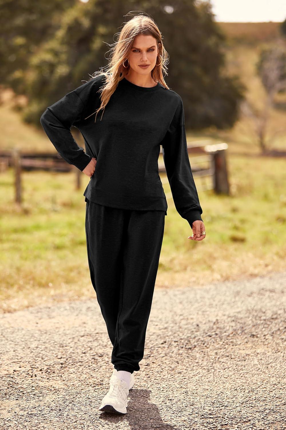 imagePRETTYGARDEN Womens Two Piece Loungewear Fall Casual Long Sleeve Tops Jogger Pants Pajama Sets Matching Outfits ClothingSolid Black