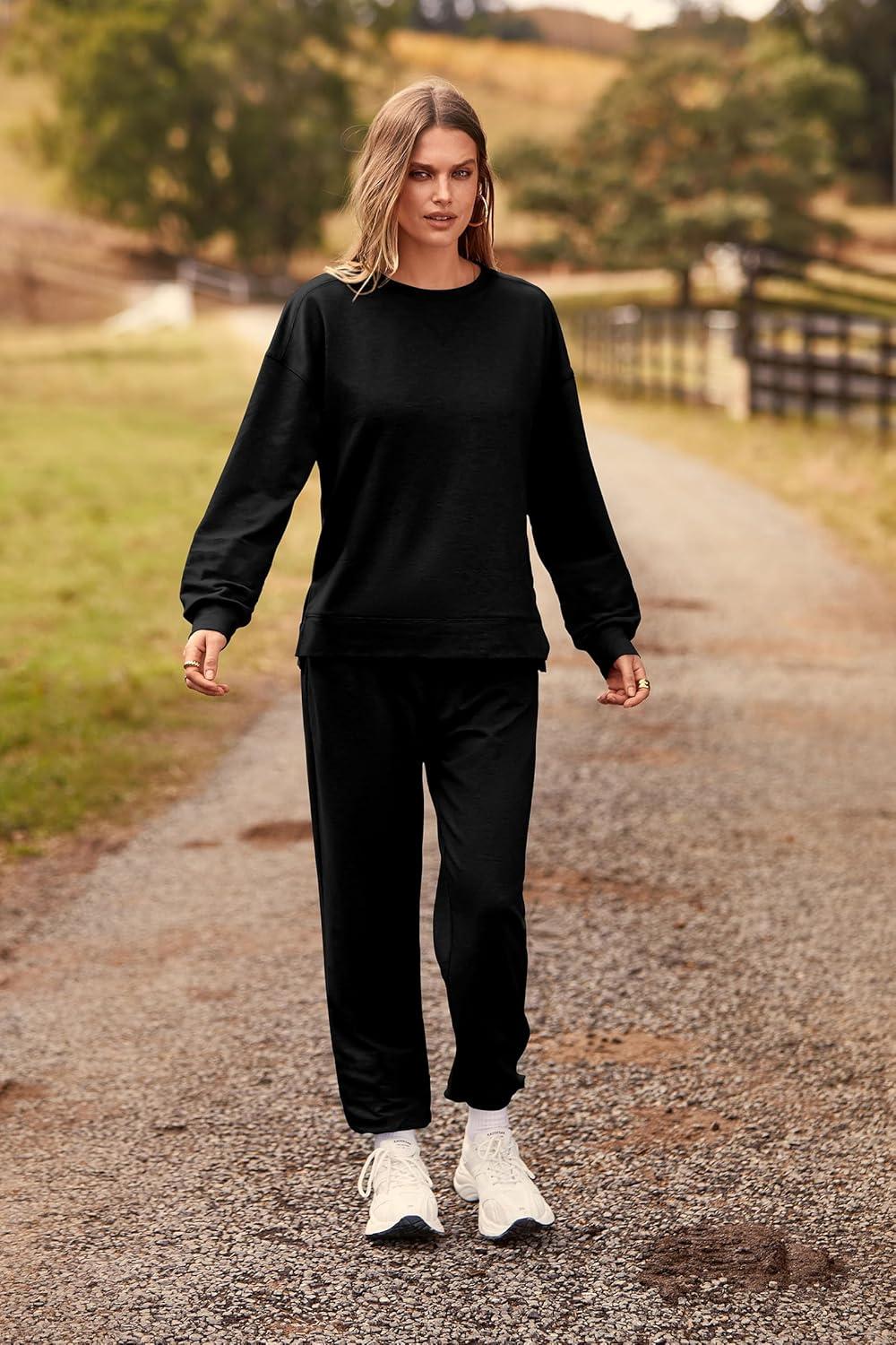 imagePRETTYGARDEN Womens Two Piece Loungewear Fall Casual Long Sleeve Tops Jogger Pants Pajama Sets Matching Outfits ClothingSolid Black