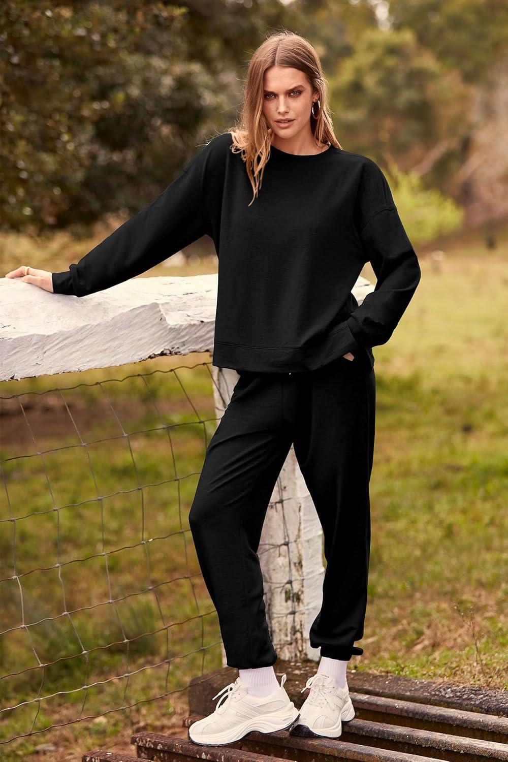 imagePRETTYGARDEN Womens Two Piece Loungewear Fall Casual Long Sleeve Tops Jogger Pants Pajama Sets Matching Outfits ClothingSolid Black