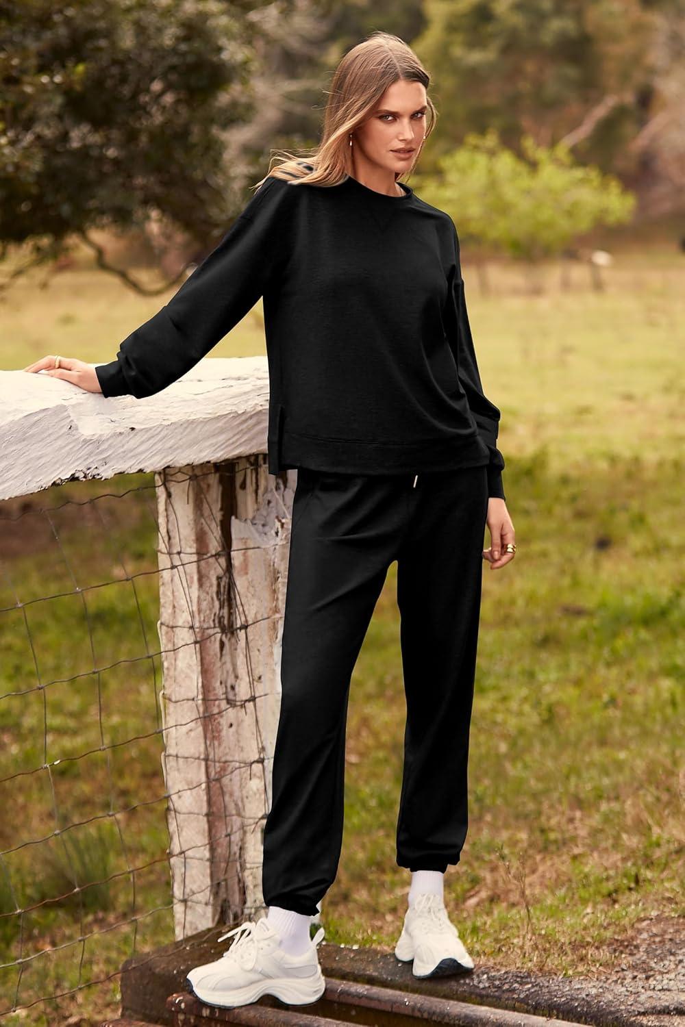 imagePRETTYGARDEN Womens Two Piece Loungewear Fall Casual Long Sleeve Tops Jogger Pants Pajama Sets Matching Outfits ClothingSolid Black