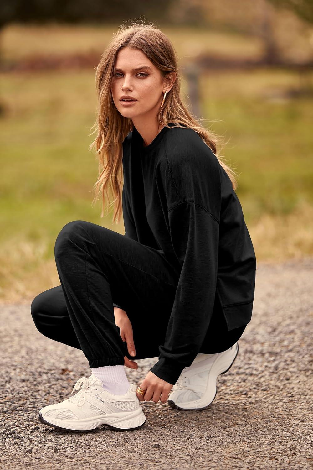 imagePRETTYGARDEN Womens Two Piece Loungewear Fall Casual Long Sleeve Tops Jogger Pants Pajama Sets Matching Outfits ClothingSolid Black