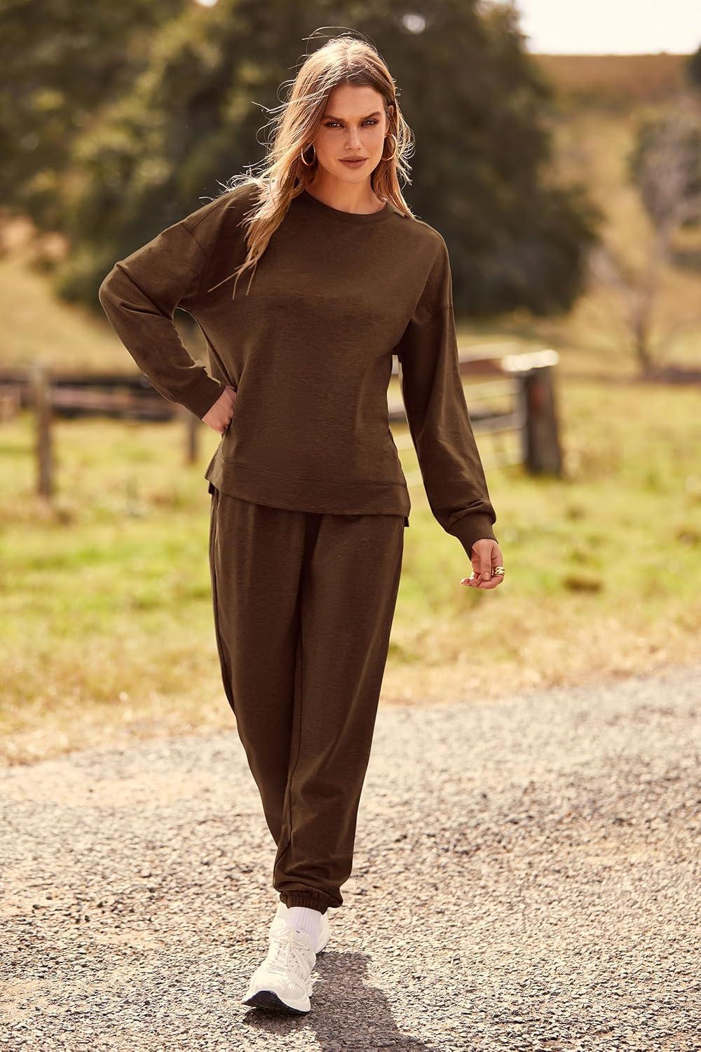 imagePRETTYGARDEN Womens Two Piece Loungewear Fall Casual Long Sleeve Tops Jogger Pants Pajama Sets Matching Outfits ClothingSolid Coffee
