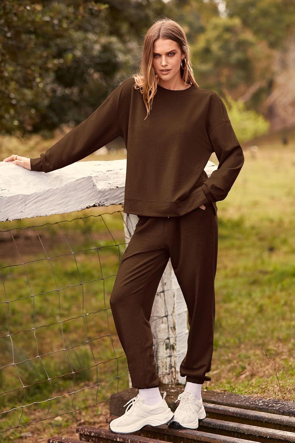 imagePRETTYGARDEN Womens Two Piece Loungewear Fall Casual Long Sleeve Tops Jogger Pants Pajama Sets Matching Outfits ClothingSolid Coffee