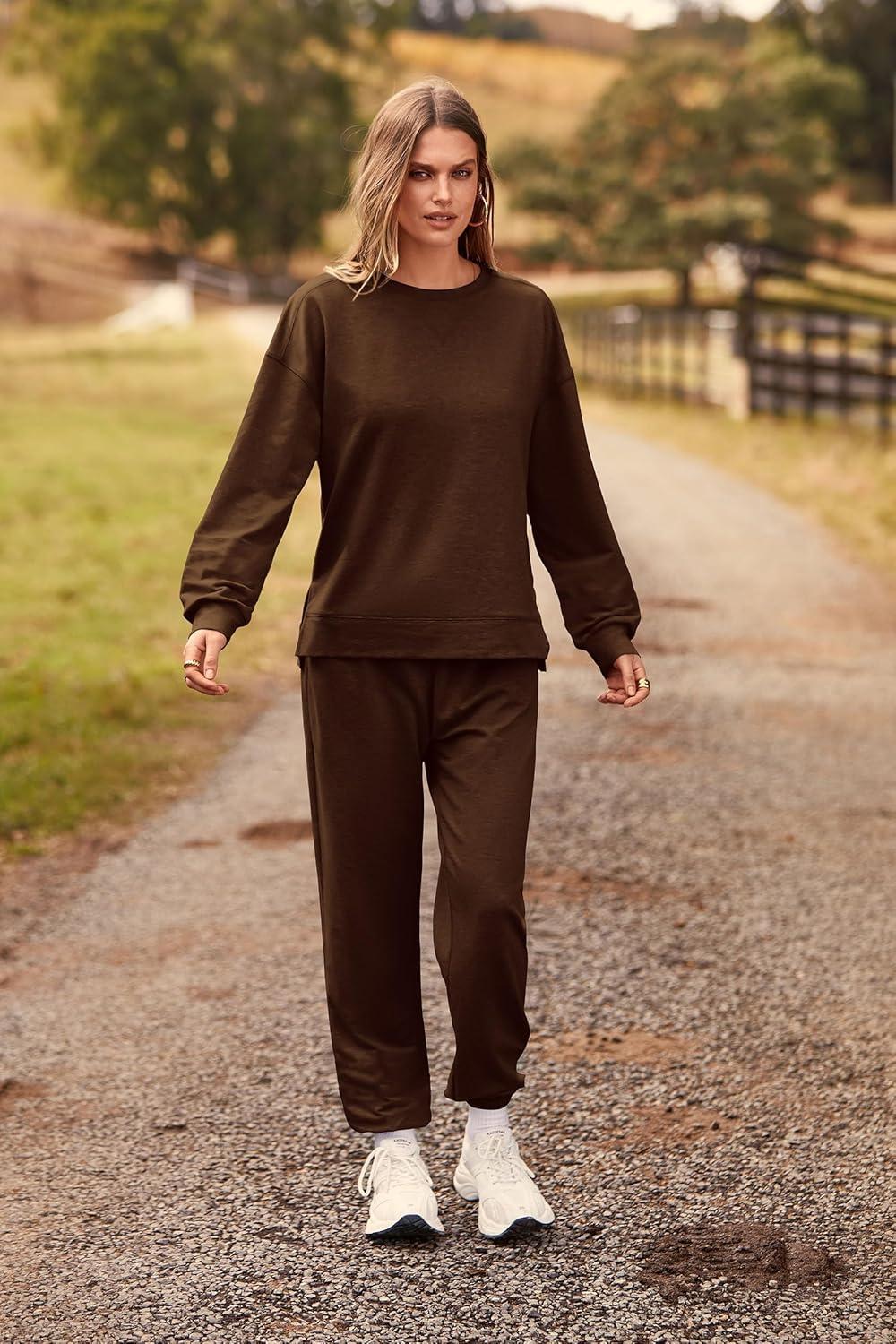 imagePRETTYGARDEN Womens Two Piece Loungewear Fall Casual Long Sleeve Tops Jogger Pants Pajama Sets Matching Outfits ClothingSolid Coffee