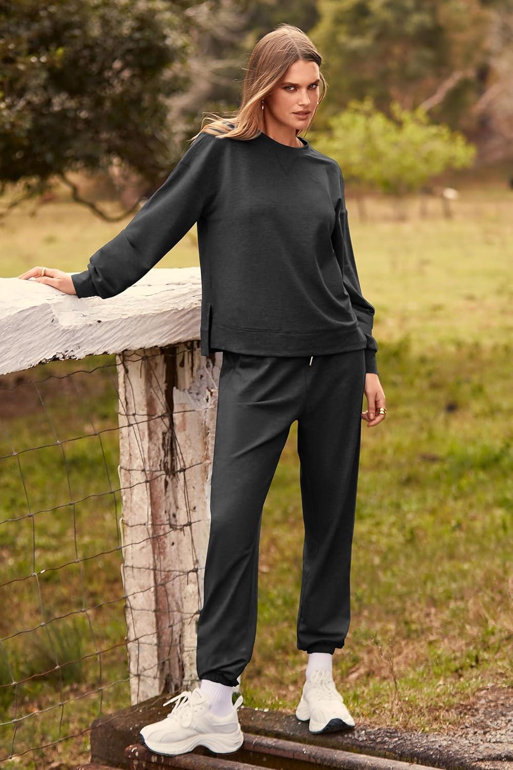 imagePRETTYGARDEN Womens Two Piece Loungewear Fall Casual Long Sleeve Tops Jogger Pants Pajama Sets Matching Outfits ClothingSolid Dark Grey